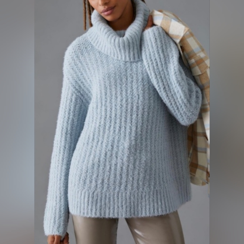Maeve Cozy Cowlneck Turtleneck Sweater - Light Blue Gray In LARGE